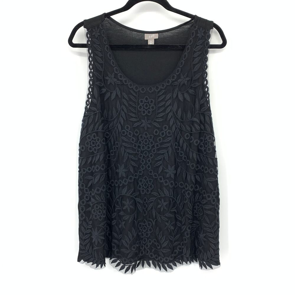 J. Jill Sleeveless Embroidered Lace Front Tank Top Womens Sz PL Black Scoop Neck